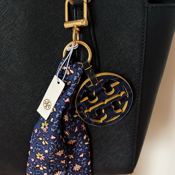 Tory Burch Navy Saffiano Leather Robinson Tote & silk floral bag charm. - Picture 5 of 15
